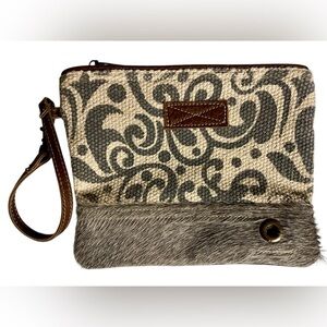 Gray and Brown Myra Bag Wristlet with Damask Pattern and Leather Strap